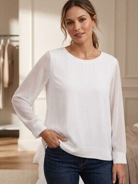 DKNY White Crew Neck Blouse with Sheer Sleeves & Built-in Tank - Size Large